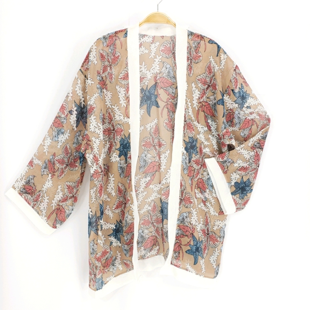 NEW Tropical Floral Sheer Kimono Cover Up in Tan